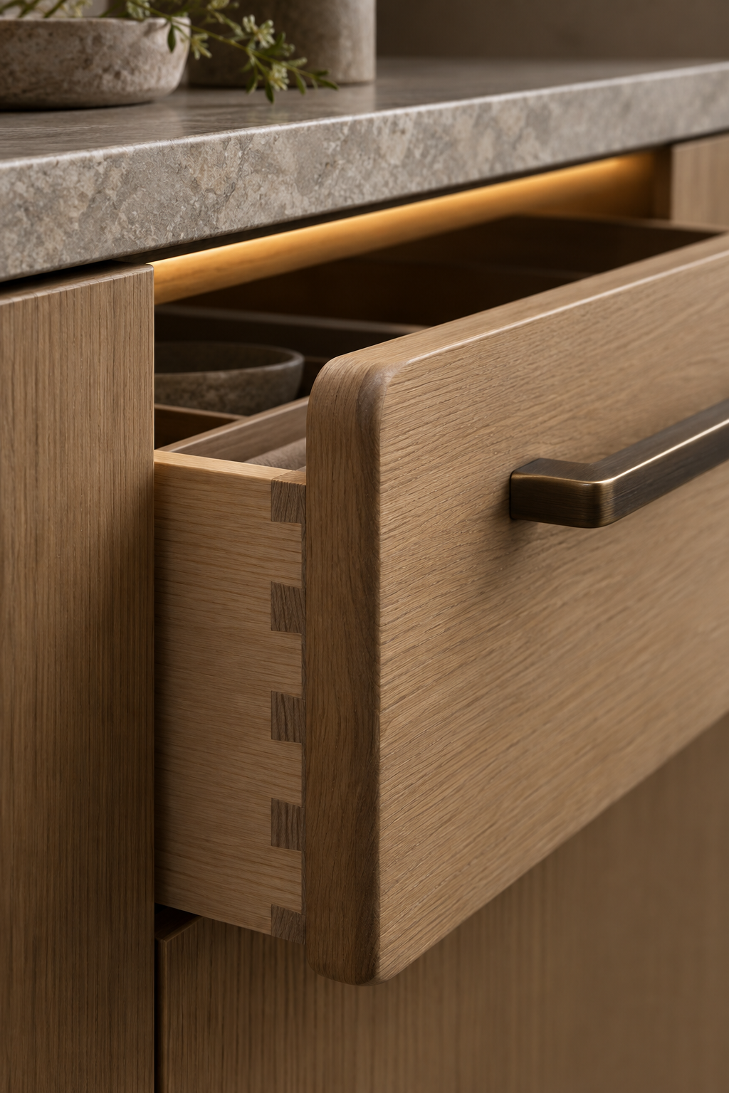 Detailed oak drawer joinery and stone counter edge