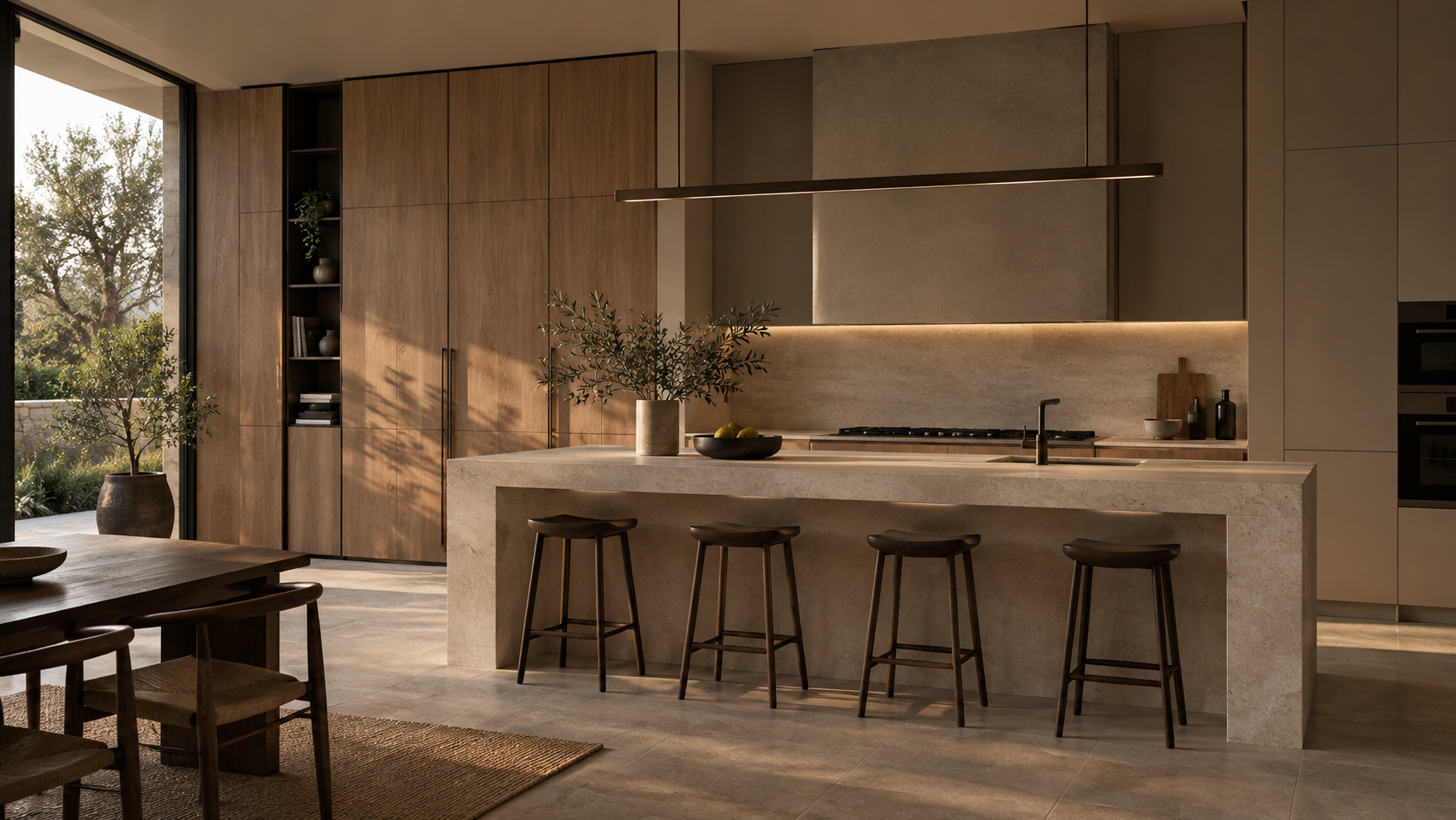 Warm modern kitchen with integrated custom cabinetry