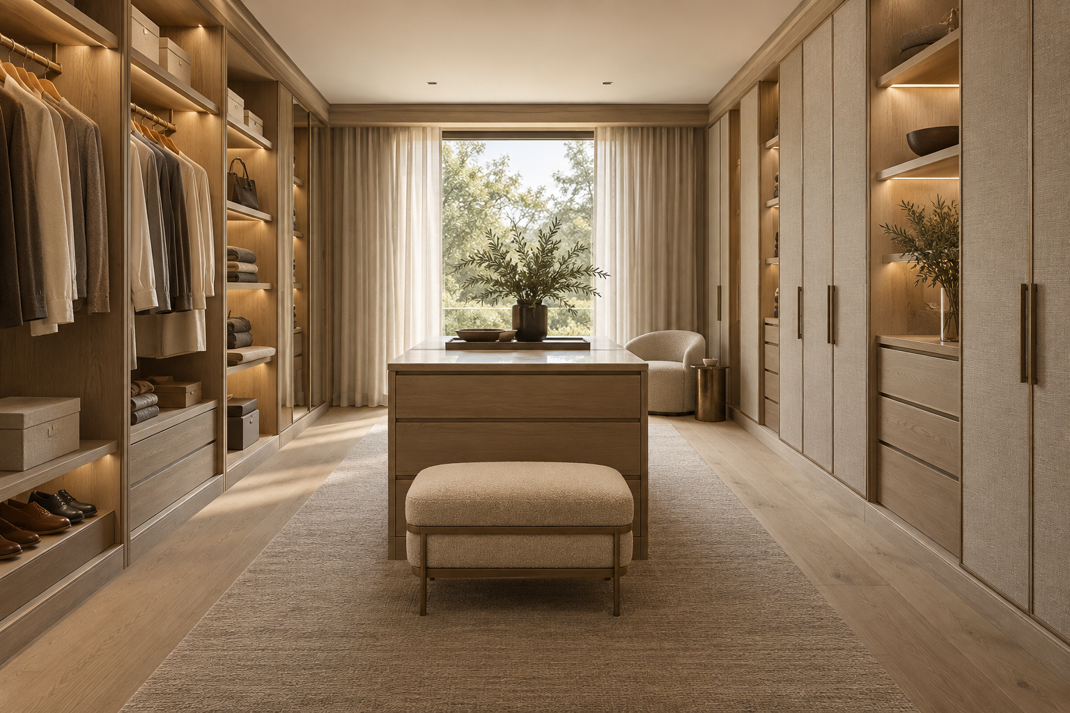 Warm oak walk-in wardrobe with integrated lighting